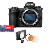 Black mirrorless camera with front lens and viewfinder housing