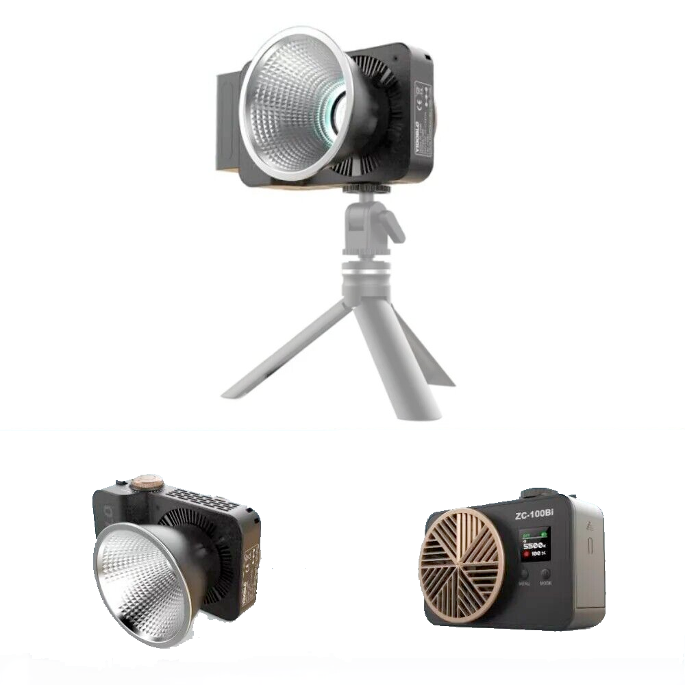 Portable COB LED video light with silver reflector, shown from multiple angles