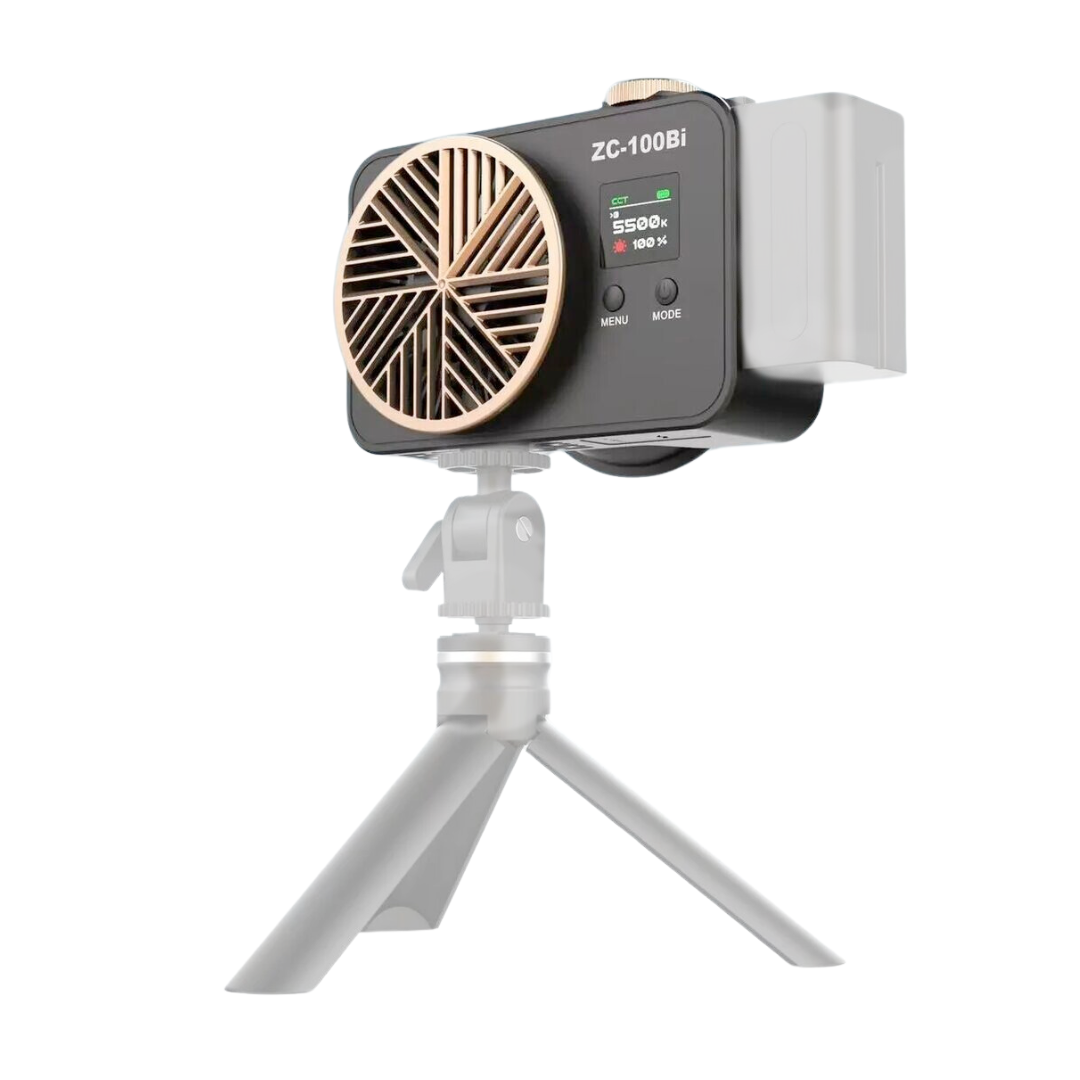 COB LED video light on tripod stand, side controls and LCD screen visible