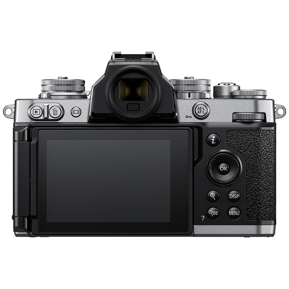 Mirrorless camera with rear LCD screen and attached zoom lens