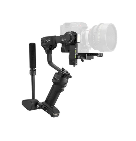 3-axis gimbal with camera mounted, lens facing right, control ports visible, black