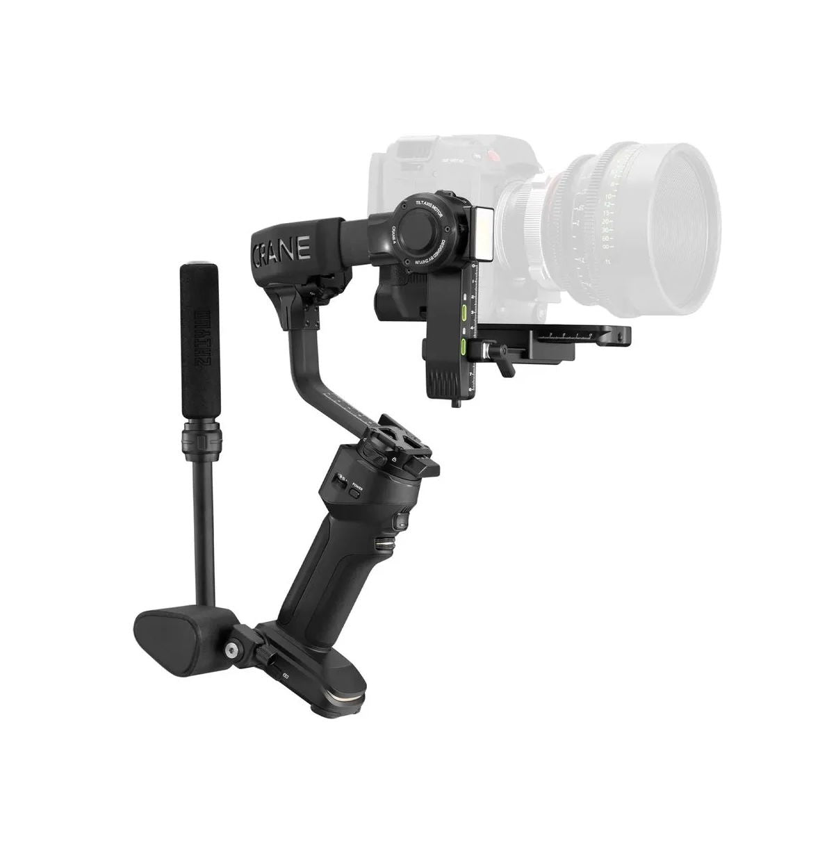 3-axis gimbal stabilizer holding a camera, side view, black body and grip