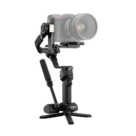 3-axis gimbal stabilizer with camera, side handle and tripod-style base, black