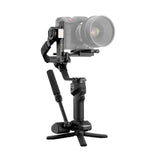 3-axis camera gimbal stabilizer with large lens, black/gray body, mounted on handle