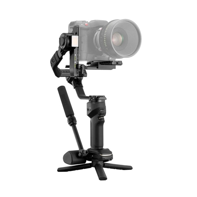 3-axis camera gimbal stabilizer with large lens, black/gray body, mounted on handle
