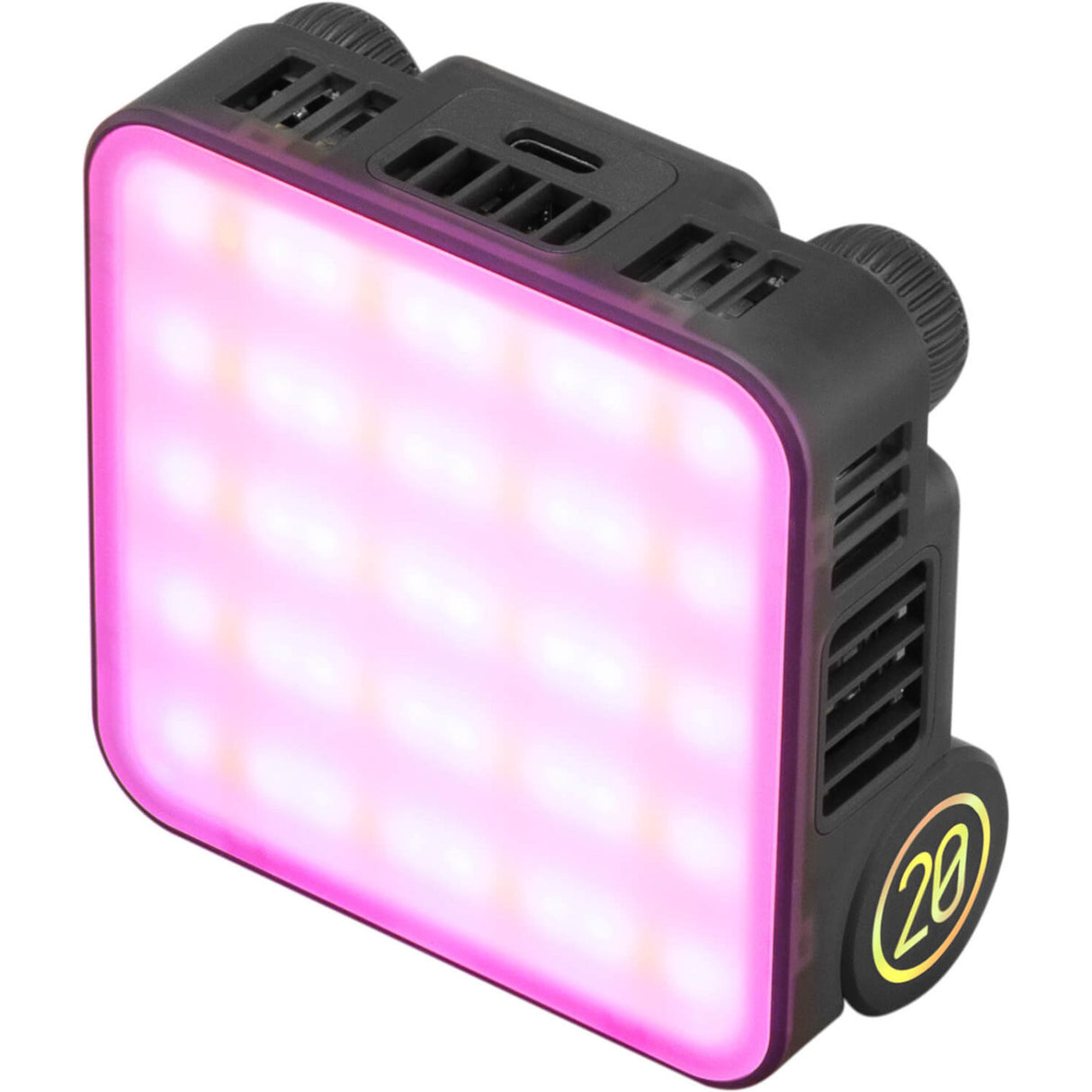 Lanternă video LED RGB Zhiyun cu panou LED aprins roz și grile de ventilație