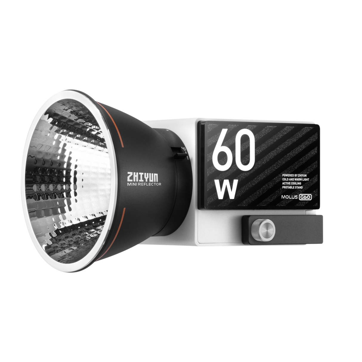 Molus G60 60W LED mini reflector light, open reflector head and display, black/white
