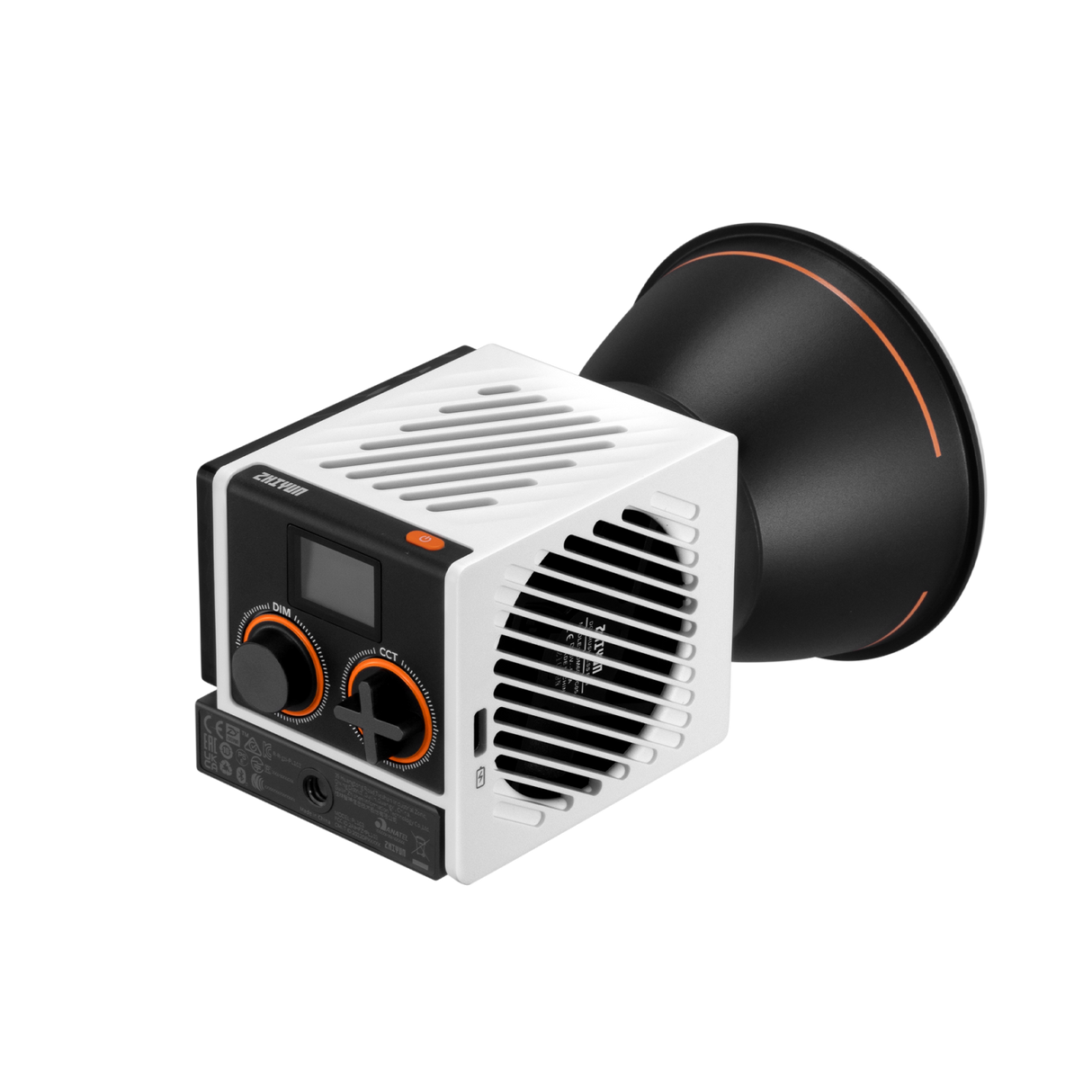 Molus G60 60W LED light with vented white body, black projector head and knobs