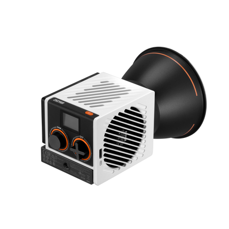 Molus G60 60W LED light with vented white body, black projector head and knobs