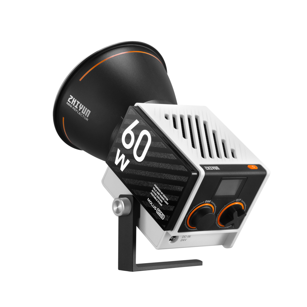 Molus G60 60W LED light with control screen and dimmer knobs, black/white body