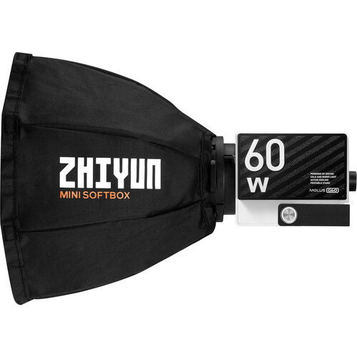 LED 60W light head with mini softbox attached, close view of control panel