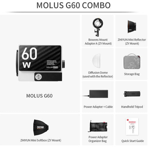 Molus G60 combo kit accessories shown: LED light, softbox, reflector, dome, stand and bag
