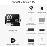 Molus G60 combo kit accessories shown: LED light, softbox, reflector, dome, stand and bag
