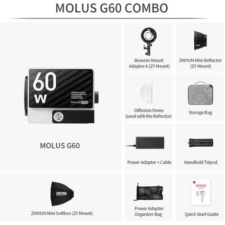 Molus G60 combo kit accessories shown: LED light, softbox, reflector, dome, stand and bag