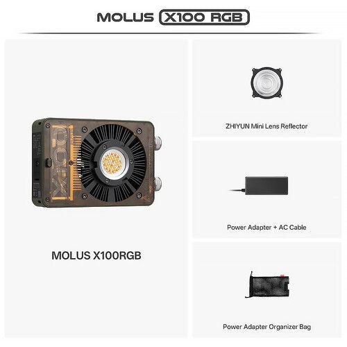 Lampă LED Molus X100RGB cu accesorii incluse: adaptor și geantă organizare