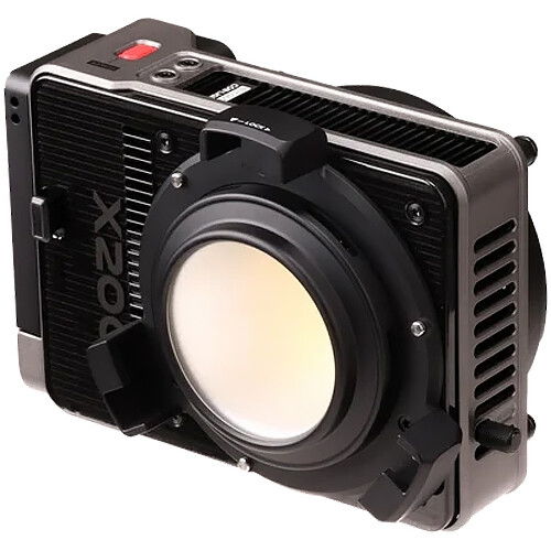Bi-color COB LED light with front reflector and cooling fins, compact metal housing