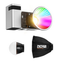 Silver RGB LED video light head with illuminated multicolor reflector bulb