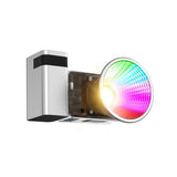 RGB LED video light with silver housing and multicolor reflector beam