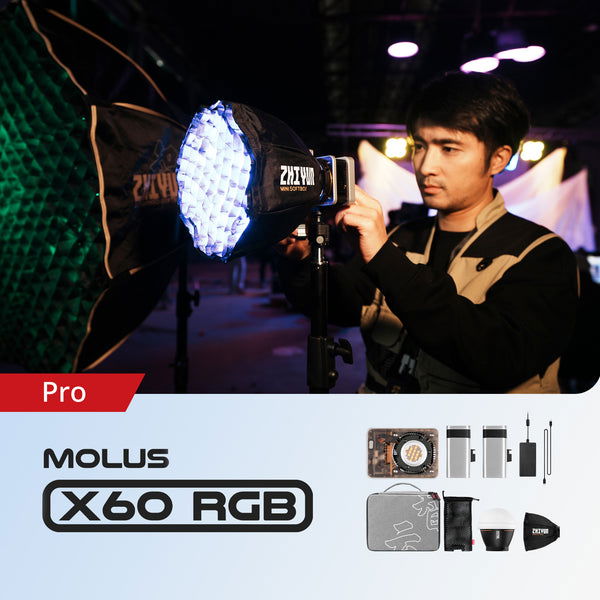 RGB LED spotlight with front diffusion reflector and black fabric softbox