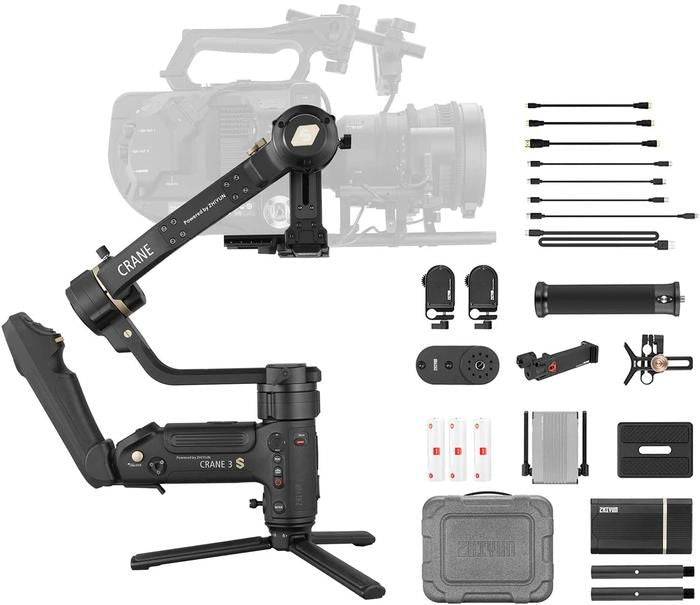 Crane 3S gimbal stabilizer kit with control panel, handles, cables, and accessories