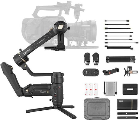 Crane 3S gimbal stabilizer kit with control panel, handles, cables, and accessories