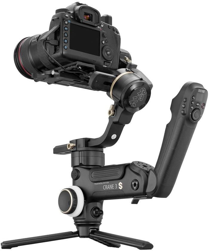 Crane 3S 3-axis gimbal holding a DSLR camera with side control buttons