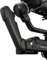 Close-up of Crane 3S gimbal arm with unlock dial and textured grip