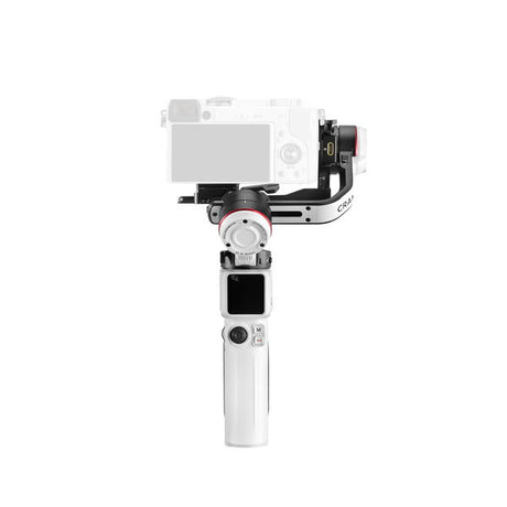 Top view of white 3-axis camera stabilizer gimbal with control screen