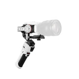 White 3-axis gimbal holding a camera with a large lens, front angle view