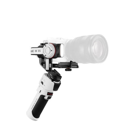 White 3-axis gimbal holding a camera with a large lens, front angle view