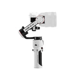 White 3-axis gimbal side view with camera mount and dark grip handle