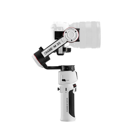 White 3-axis gimbal side view with camera mount and dark grip handle