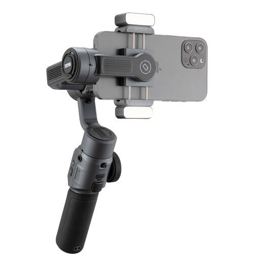 Side view smartphone gimbal stabilizer with phone mount and adjustable arm grips