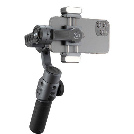 Side view smartphone gimbal stabilizer with phone mount and adjustable arm grips