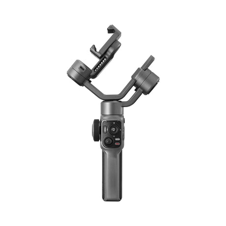 Smartphone gimbal stabilizer with flip-up mount and control dials, compact handheld