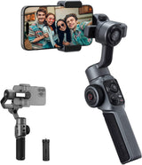 Handheld smartphone gimbal stabilizer with LED, phone mounted on the clamp