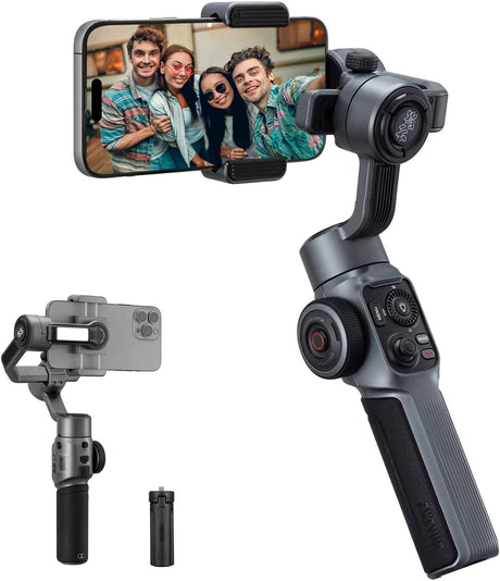 Handheld smartphone gimbal stabilizer with LED, phone mounted on the clamp