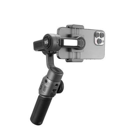 Smartphone gimbal stabilizer with LED light bar and phone clamp, angled view