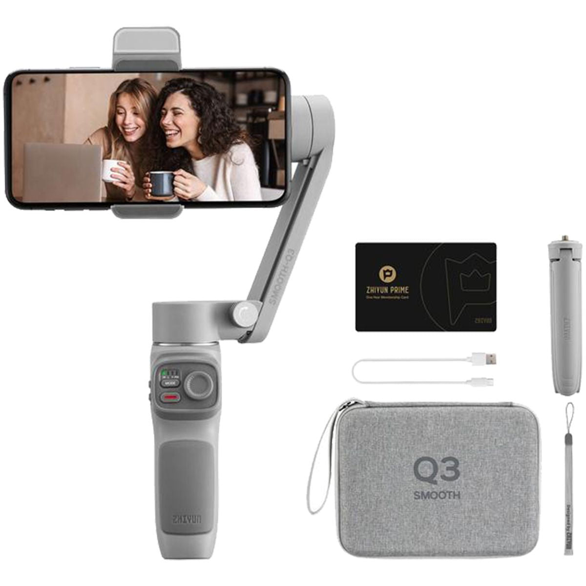 Smooth Q3 smartphone stabilizer with phone mount and included accessories case