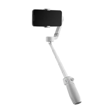 Light gray smartphone gimbal stabilizer angled downward with phone mounted on arm