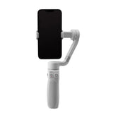 Light gray smartphone gimbal stabilizer holding a black smartphone in portrait view