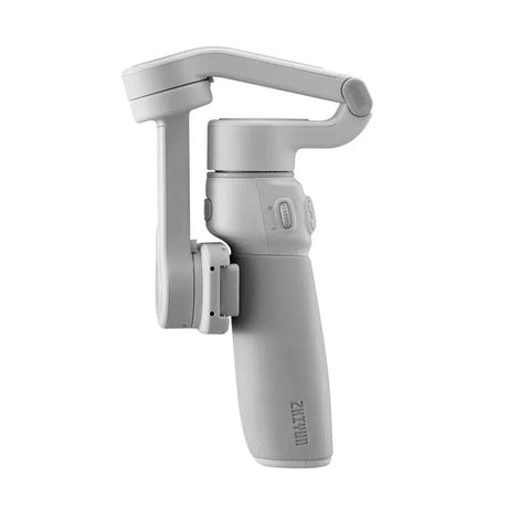 White handheld gimbal stabilizer with side grip and control panel