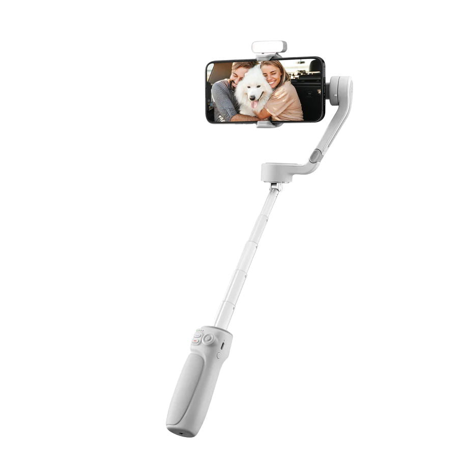 White smartphone gimbal stabilizer with phone holder and extended grip