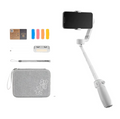Smartphone gimbal stabilizer kit with gray pouch, phone mount, and accessory cards