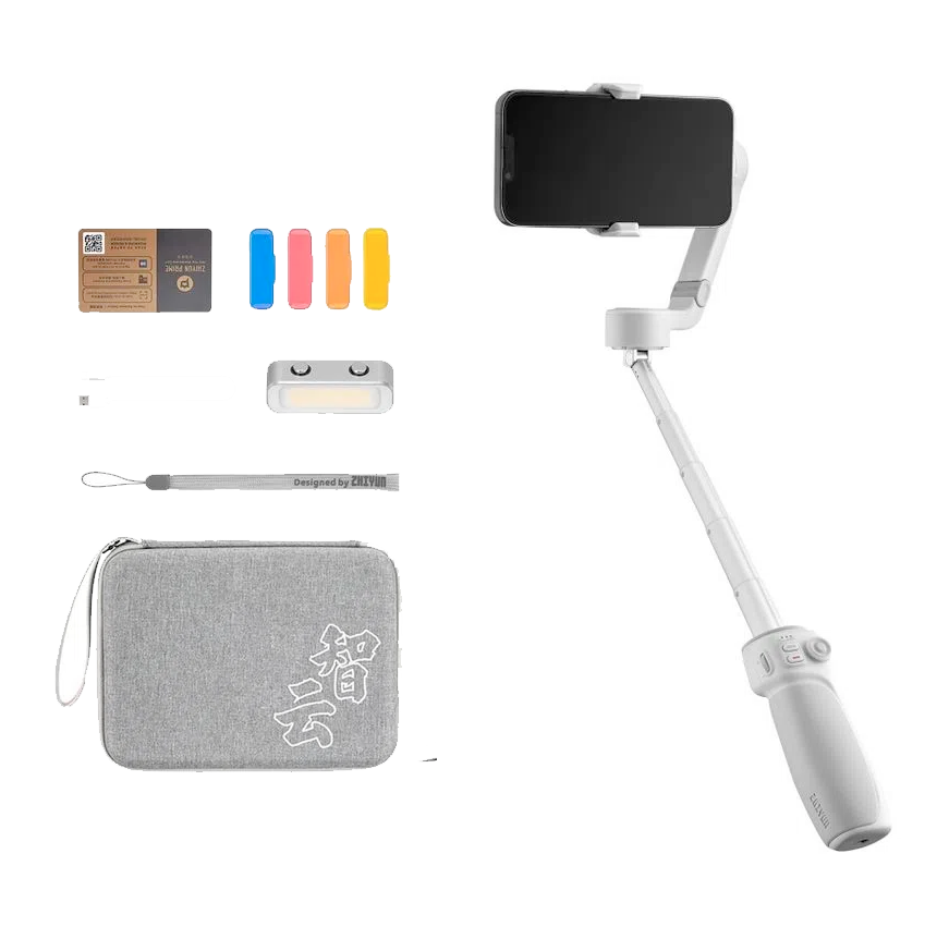 Smartphone gimbal stabilizer kit with gray pouch, phone mount, and accessory cards