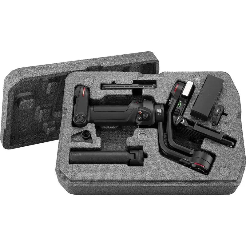 Stabilizator cu LED și microfon integrat în cutie textilă, cu piese interioare