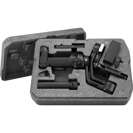 Stabilizator cu LED și microfon integrat în cutie textilă, cu piese interioare