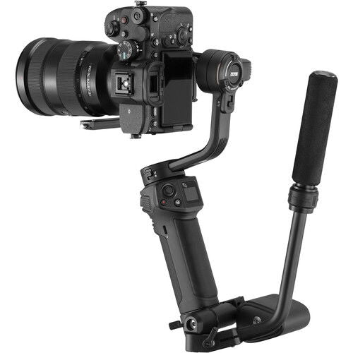 Gimbal stabilizer with LED, camera rig on two handgrips and grip handle
