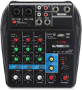 4-channel audio mixing console with MIC/LINE inputs, USB audio section, and headphones jack
