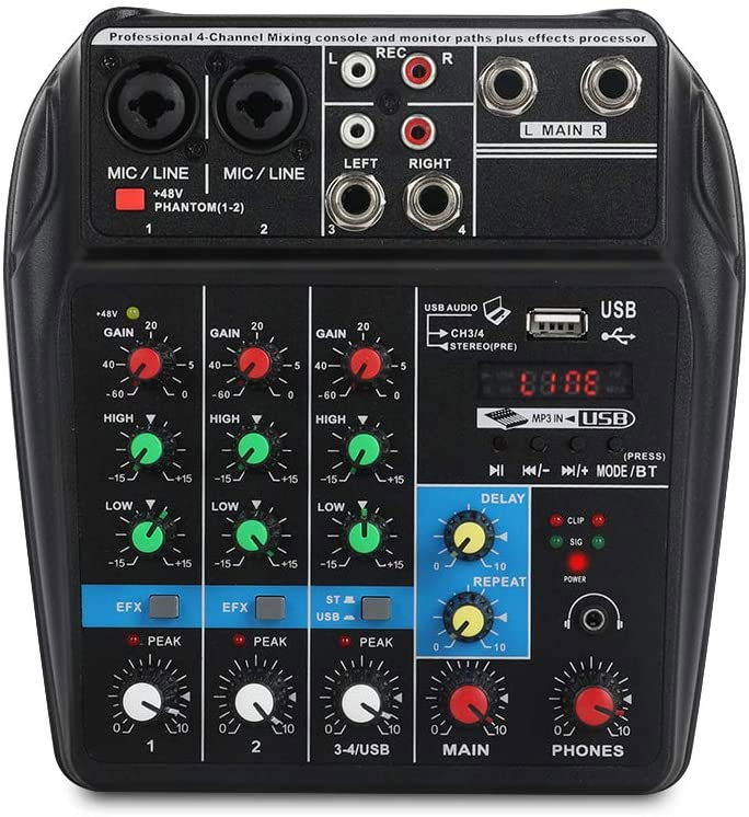 4-channel audio mixing console with MIC/LINE inputs, USB audio section, and headphones jack
